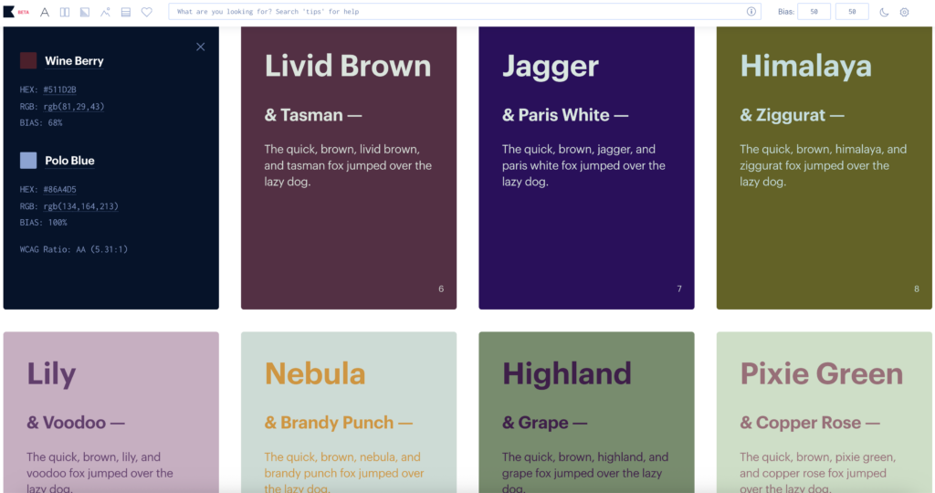 A screen capture of different color combo pairings on the AI color generating website, khroma, representing a helpful free resource for web design inspiration.