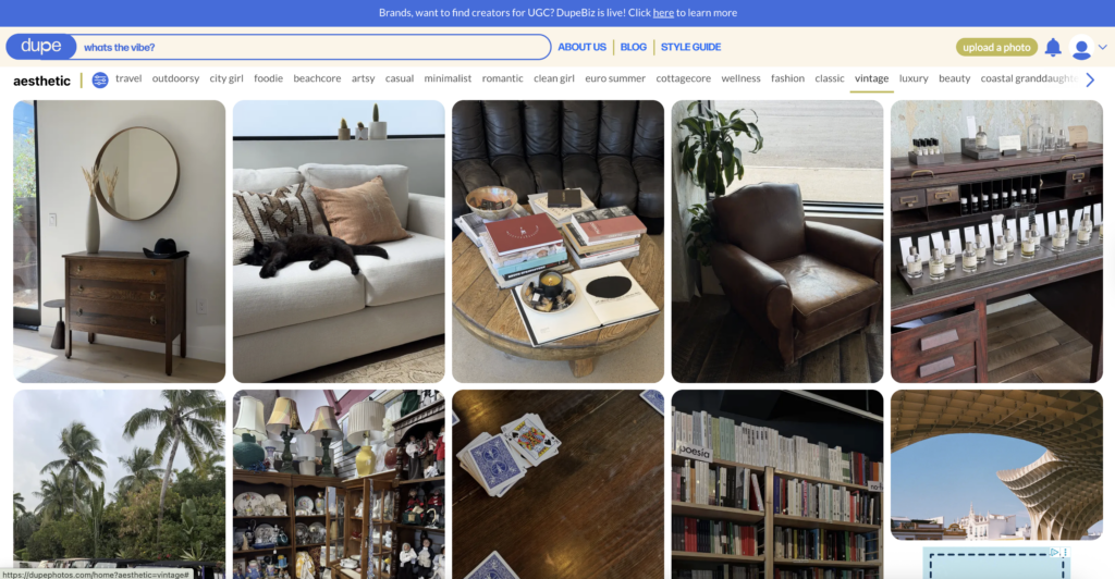 A screen capture of stock photos and videos with vintage vibe on the stock photo website, dupe photo, representing a free web design inspiration resource available. 