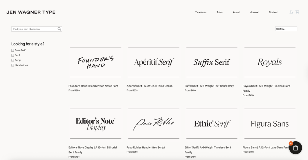 Screen capture of Jen Wagner's website featuring different styles of fonts available for purchase. 