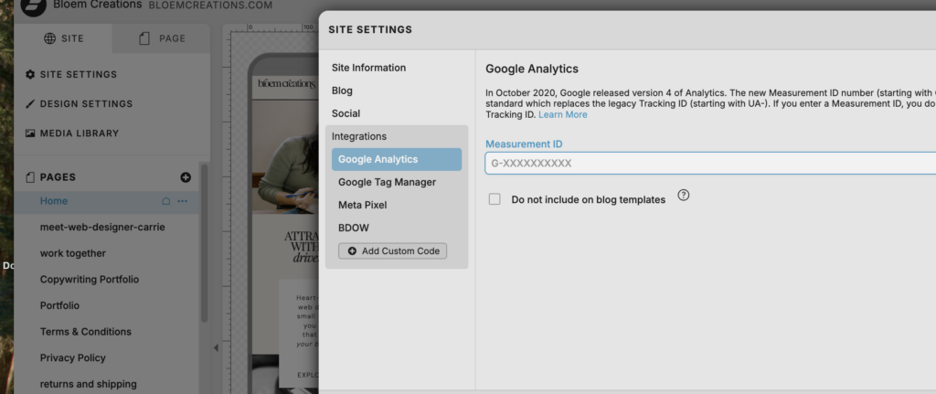 Screenshot inside Showit website design platform showing integration of google analytics and tag manager