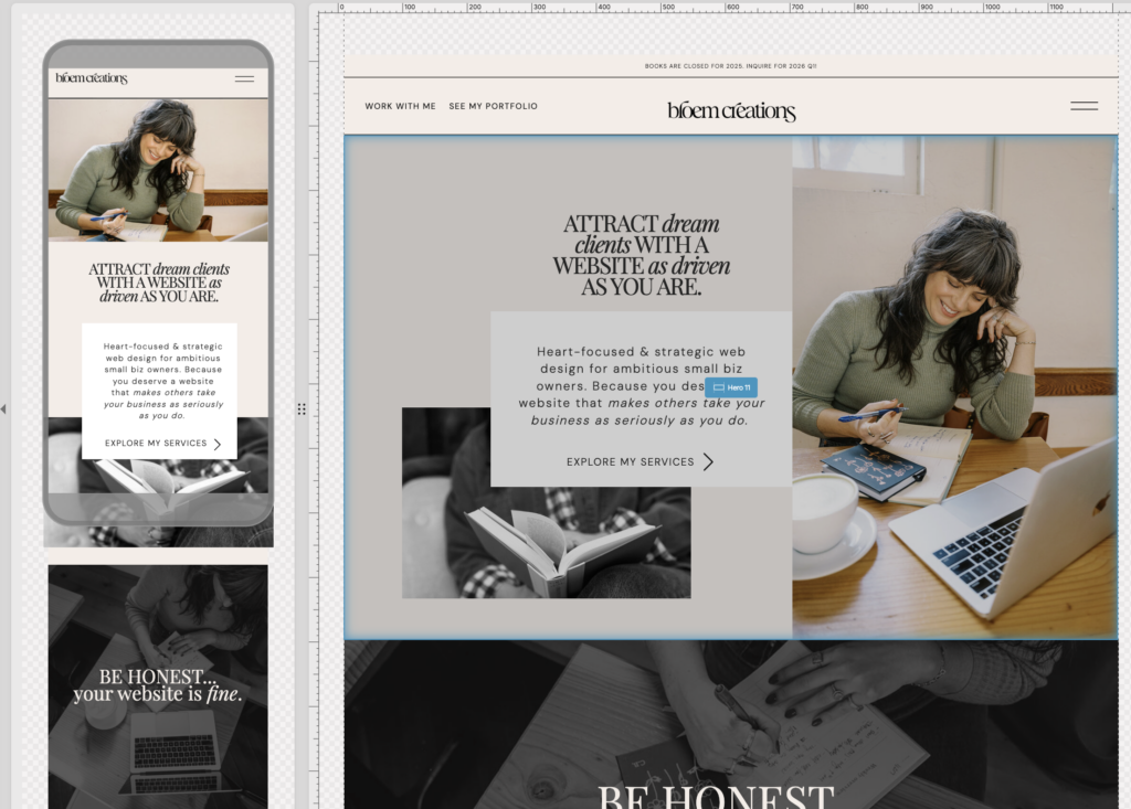 Screenshot of showit website design platform with side by side of mobile and desktop designs. 
